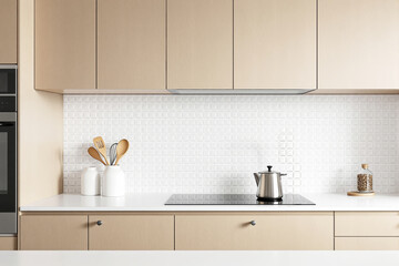 Minimalist kitchen interior with light wood cabinets, white geometric backsplash and countertop items in modern style on a clean neutral background. Ai generative