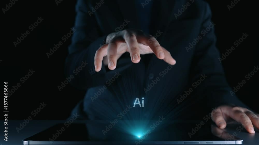 Poster human interact with ai artificial intelligence virtual assistant chatbot in concept of ai artificial