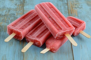 Frozen pink popsicles on a wooden surface