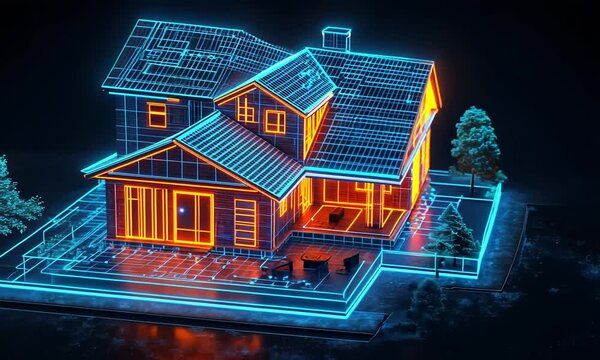 A futuristic neon house rendered with vibrant orange and blue lines in a dark setting.