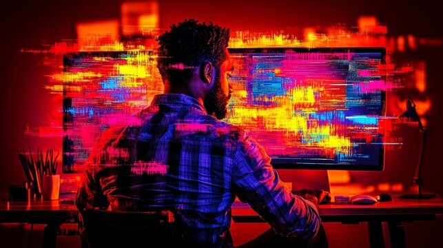 African adult male programmer at workstation with colorful digital interface