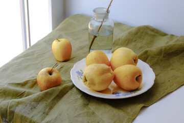 still life with yellow apples