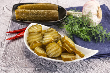 Sliced marinated cucumbers in the bowl