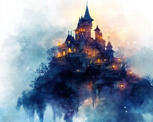 Enchanted Castle at Dusk Surrounded by Mysterious Fog and Lights