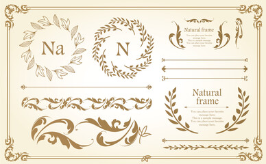 ナチュラルなフレーム、植物モチーフのデザイン素材のセット

