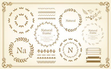ナチュラルなフレーム、植物モチーフのデザイン素材のセット


