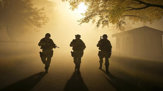 Soldiers patrol a foggy rural area during sunset while maintaining vigilance and teamwork in their mission