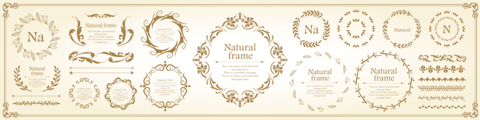 ナチュラルなフレーム、植物モチーフのデザイン素材のセット

