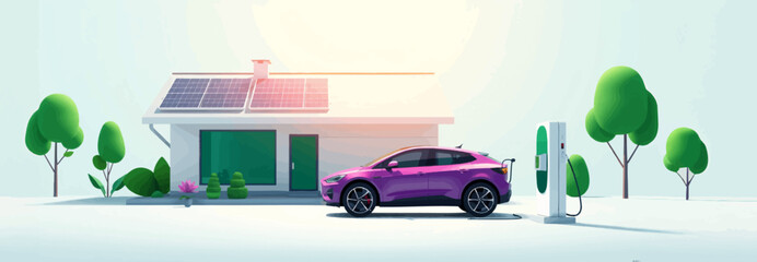 Modern House with Solar Panels on the Roof and Electric Cars Charging &ndash; 3D Rendering	