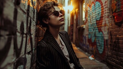 Fototapeta premium A young Caucasian male wearing sunglasses leans against a graffiti-covered wall in a vibrant alley, exuding a cool and confident vibe.