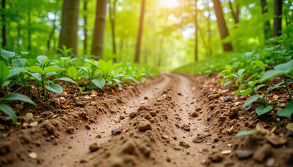 Scenic forest path with sunlight filtering through trees  