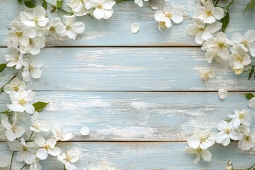 Delicate white blossoms frame a light blue wooden surface.  Springtime floral arrangement