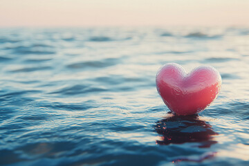 Fototapeta premium Love background heart on water. Isolated pink heart above a reflective sea. Metaphor for reflection of love, self, touching, emotion and innermost feeling. Valentines day theme color background. 
