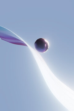Floating metallic purple sphere over fluid ribbon in surreal sce
