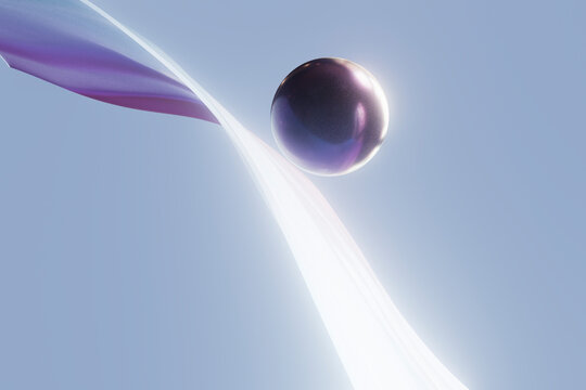 Purple reflective sphere floating above dynamic abstract ribbon