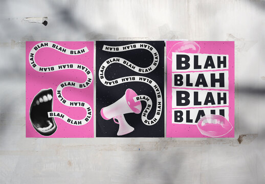 Three A4 posters taped to a wall. PSD mockup