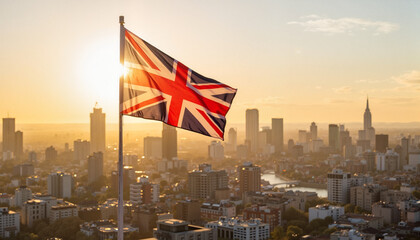 United Kingdom flag waving against city skyline at sunset  