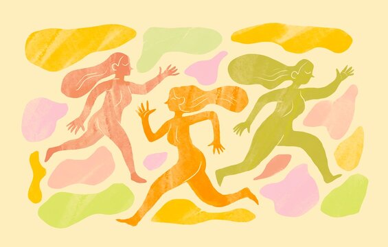 Running women over Abstract Pastel fluid background  