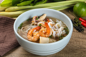 Vietnamese Pho Bo soup with seafood