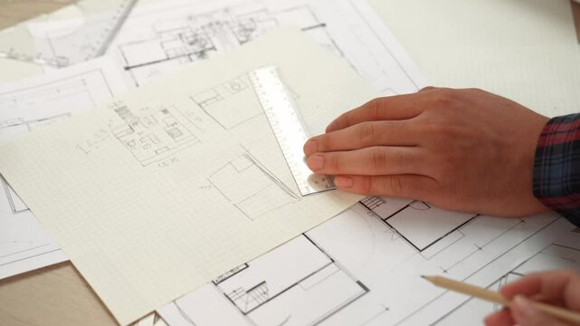 Professional engineer team discussion about house design on meeting table with architectural equipment and building blueprint scatter around at modern office. Focus on hand. Closeup. Delineation.