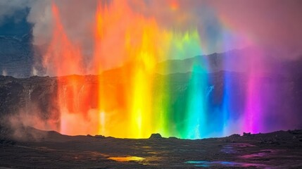 A vibrant rainbow erupts from a volcanic landscape, a breathtaking spectacle of nature's power and beauty.