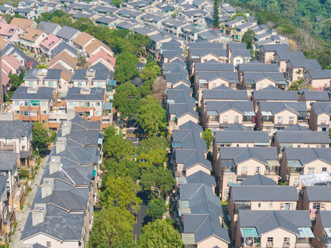 Aerial view of suburban neighborhood with modern homes
