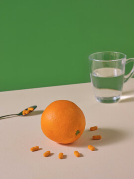Arrangement of an orange, vitamin pills, and a glass of water