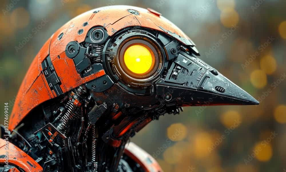 Poster a detailed, futuristic robot bird head with an illuminated eye and intricate mechanical components.
