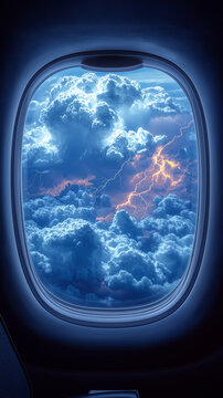 Extreme close-up of a pristine airplane window, its thick polymer surface perfectly smooth without condensation or droplets. Outside, apocalyptic storm clouds swirl as jagged cy