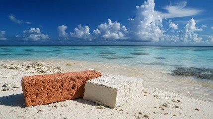 Fototapeta premium Scenic beach with red and white bricks on sandy shore under blue sky