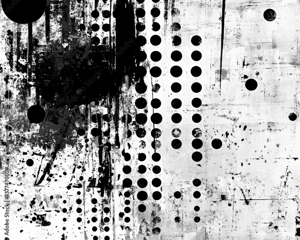 Aufkleber a dynamic composition featuring bold black and white abstract paint splats, creating a striking cont