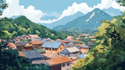 Fototapeta premium Scenic mountain village landscape with vibrant rooftops and lush greenery