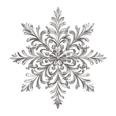 Silver snowflake with intricate details, perfect for winter or holiday designs, isolated on transparent background