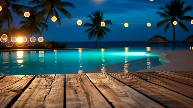 Beautiful tropical resort with blue pool and wooden deck at night, footage. Perfect for vacation promos, travel blogs and summer season commercials motion video.