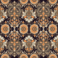 Ethereal Baroque Bloom – Ornate floral patterns with a vintage baroque feel in warm orange and gold tones. Ideal for textiles, wallpapers, and fashion prints.