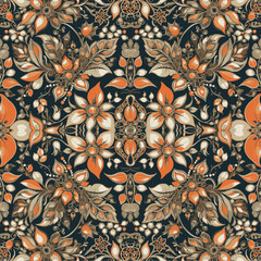 Ethereal Baroque Bloom &ndash; Ornate floral patterns with a vintage baroque feel in warm orange and gold tones. Ideal for textiles, wallpapers, and fashion prints.