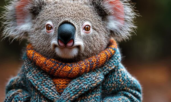 An adorable and whimsical koala wearing a knit sweater and scarf, looking directly at the viewer.