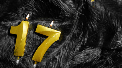 Number 17 golden celebration birthday candle on Black Feathers Background. Seventeenth year....