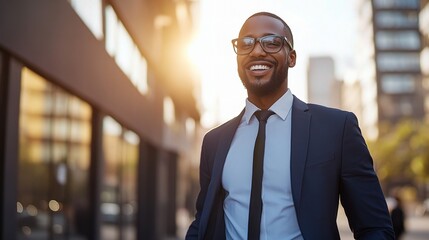 Naklejka premium Happy African Real Estate Agent Walking Through City Street