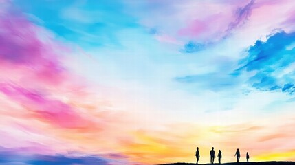 Silhouetted Figures Against a Colorful Sunset Sky Landscape
