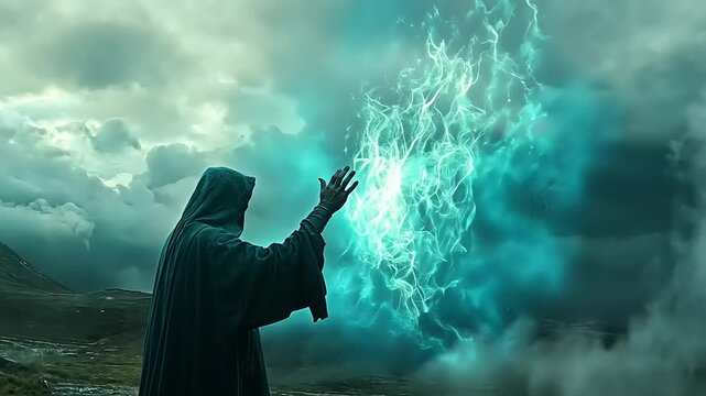 Mysterious figure in a cloak conjures magical energy amidst a stormy landscape