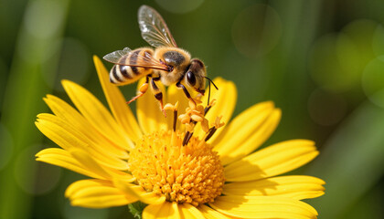 Bee collecting pollen from a yellow flower in nature  