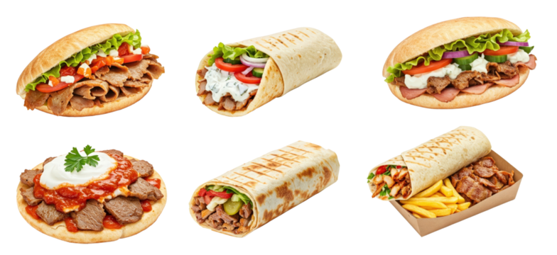 Set of Turkish kebab, panini sandwich, kebab pizza, french fries and meat chicken, beef, or pork cuisine with different sauce and garnish, PNG. Graphic resource for food stall, restaurant, bar, pub.