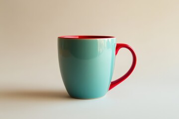 A colorful ceramic mug with red handle and interior visible