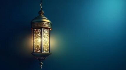 Fototapeta premium A Golden Illuminated Lantern Hanging Against a Deep Blue Background