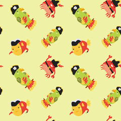 Pirate-themed cartoon sea creatures pattern on yellow background.