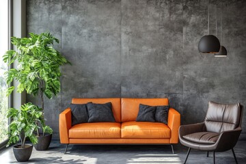 Modern living room with orange sofa and dark accents