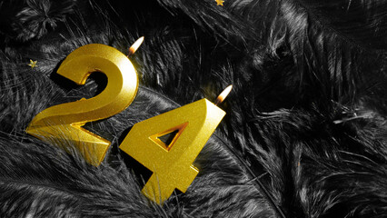 Number 24 golden celebration birthday candle on Black Feathers Background. Twenty-fourth year. concept of celebrating birthday and anniversary