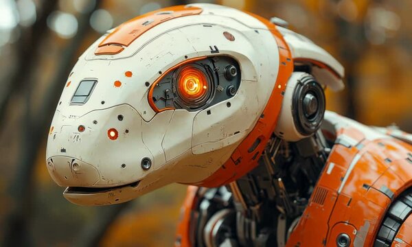 A futuristic, reptilian-inspired robot head with a glowing eye, set in an autumn environment.