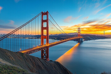 Obraz premium Golden Gate Bridge at sunset with vibrant orange and blue hues, San Francisco Bay, California